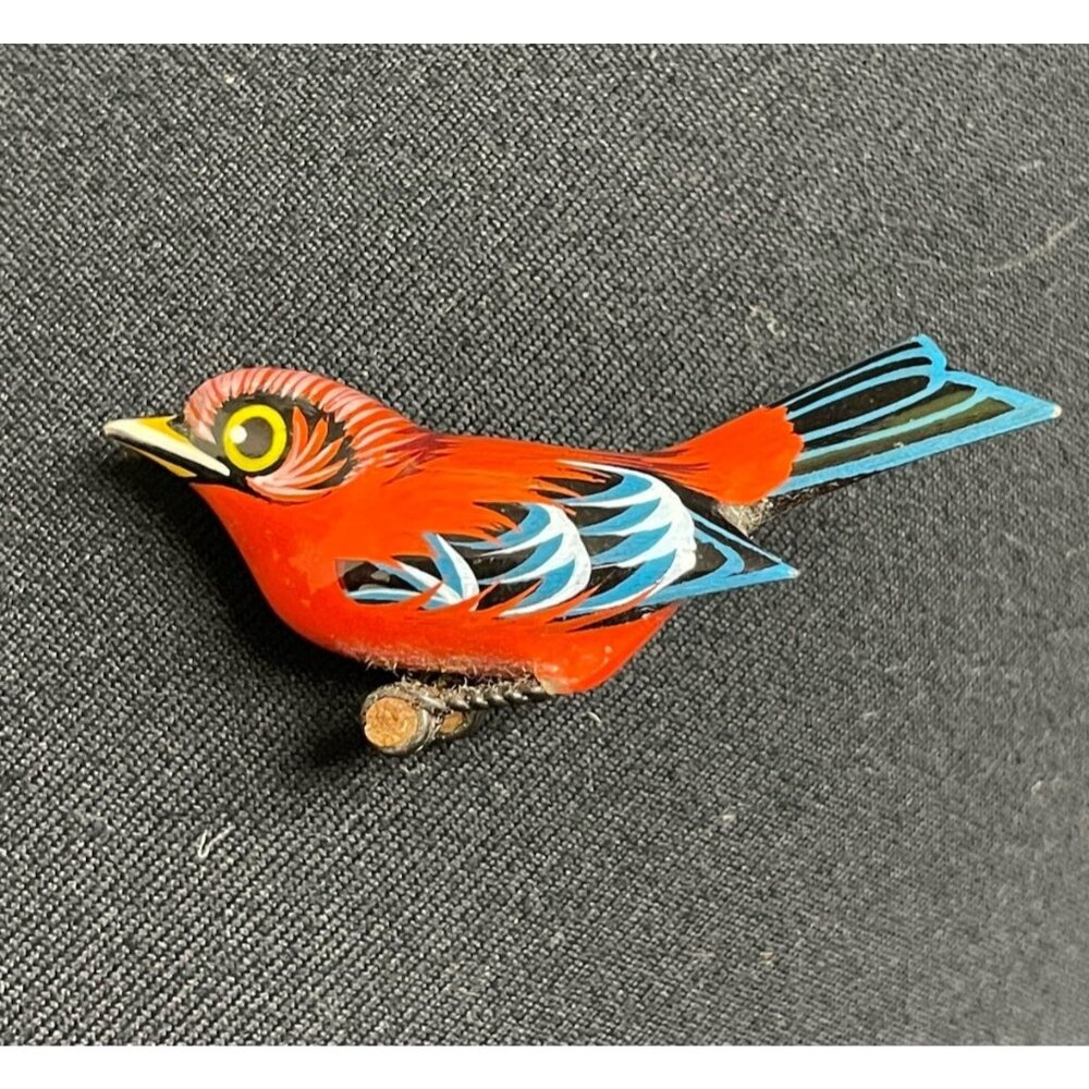 Vintage Scarlet Tanger Wood Hand Carved Painted Bird On Branch Brooch Pin